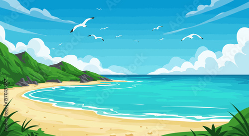 Blue Sea and Tropical Island Vector – Paradise Coastline Landscape for Summer Design