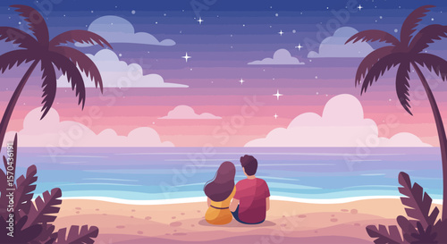Tropical Love Scene with Couple Under Palm Trees – Nighttime Ocean Vector Art