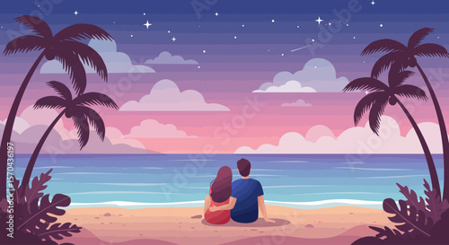 Romantic Honeymoon Couple Sitting on Tropical Beach at Night Under Starry Sky – Flat Vector Illustration for Travel, Love, and Exotic Vacation Concepts