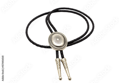 Western Bolo Tie Silver Pendant on Black Cord on Transparent Background
