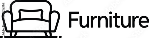 A graphic illustration of a furniture icon with the word furniture next to it on a white background