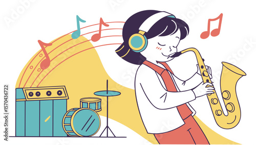 Cartoon vector illustration child playing saxophone