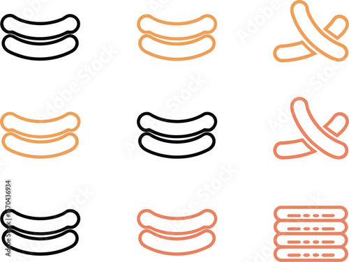 A grid of sausage icons in black orange and pink on a white background with different arrangements