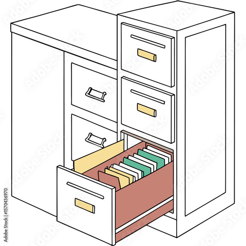 Illustration of a white filing cabinet with multiple drawers, one open and filled with colorful files