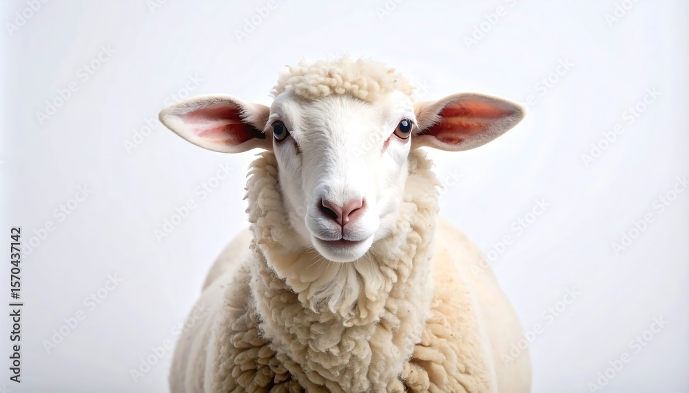 Fototapeta premium Portrait of a Fluffy White Sheep Against a White Background