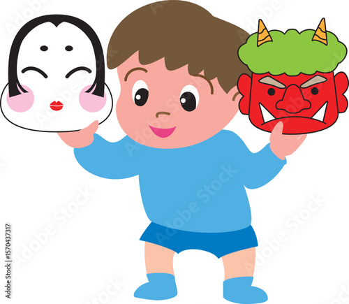 節分で鬼とお多福のお面を持つ男の子
