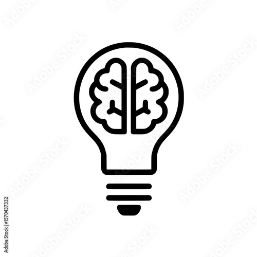 Thin outlined light bulb icon featuring a central brain design symbolizing innovative and intellectual ideas