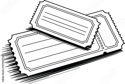 Two blank black and white tickets with perforated edges and lines for writing stacked on each other