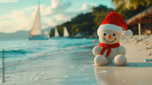 A detailed shot of a sandman wearing a red Santa hat, set on a quiet beach with turquoise waves gently lapping at the shore and sailboats in the distance, creating a perfect holiday atmosphere.