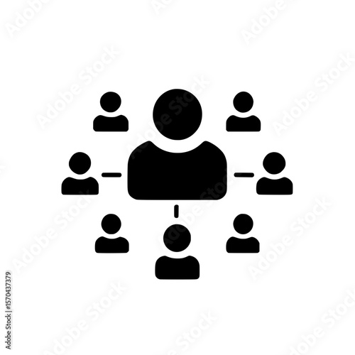 Flat icon showing a central figure with group members on both sides representing a meeting or team structure