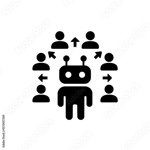 Central robot icon surrounded by user connections representing AI, automation, or chatbot systems