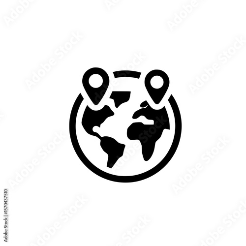 Icon of a flat world map with two geolocation pins indicating international locations
