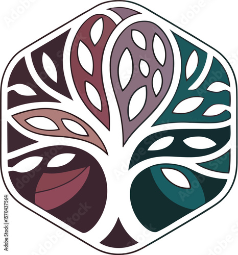 A stylized tree with colorful leaves inside a hexagon shape on a light background creating a logo design