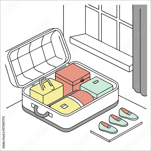 Open suitcase packed with boxes bag and rolled item near window and shoes ready for a trip or vacation