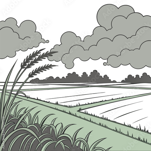 A serene landscape featuring a field with tall grass and a cloudy sky in a stylized illustration
