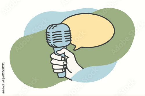 Hand Holding Microphone In Online Broadcasting Concept Illustration