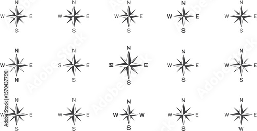 Array of fifteen compass rose illustrations arranged in a grid pattern on a light gray background
