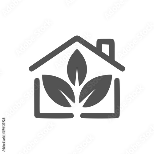 Simple house icon with three leaves inside representing eco friendly living