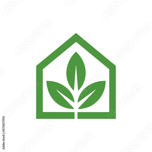 Green house logo with three leaves growing inside a simple geometric structure