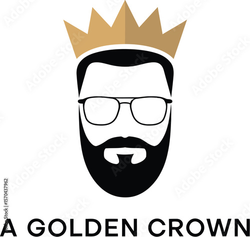 Illustration of a bearded man wearing glasses and a golden crown on a light gray background space