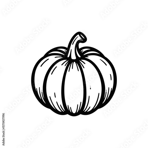 Simple black and white outline drawing of a pumpkin with a stem