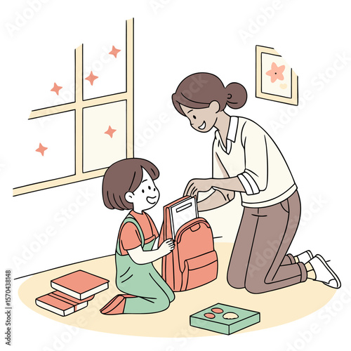 Mother helping child pack schoolbag near window with books and toy, preparing for school in a room setting
