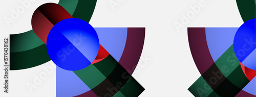 Abstract composition features vibrant blue sphere, red curves, dark green shapes. Minimalist design, clean lines, modern aesthetic.