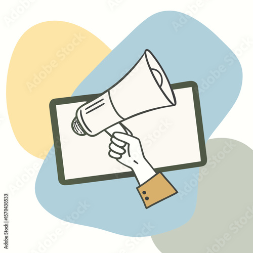 Online Announcement Concept With Hand And Megaphone In Halftone Style