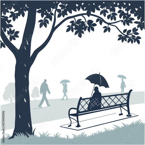 Silhouette of a person sitting on a bench under an umbrella in a park with people walking in the rain scene
