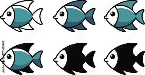 Six cartoon fish arranged in two rows with varying colors against a white gradient background