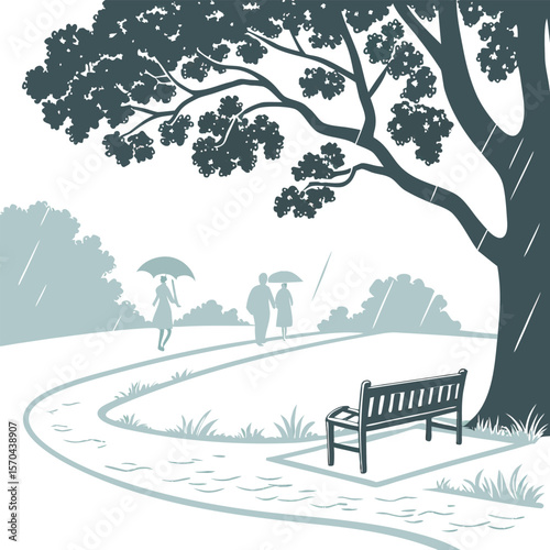 Illustration of a park scene with people walking in the rain and a bench under a large tree canopy