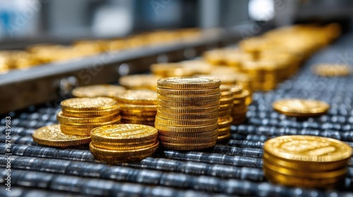 Income generator with flexible income and automated income concept. Close-up of gold coins on a production line for financial themes.