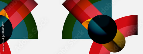 Abstract composition features overlapping colorful arcs, circles. Minimalist design uses red, teal, gold hues on white background. Modern aesthetic.