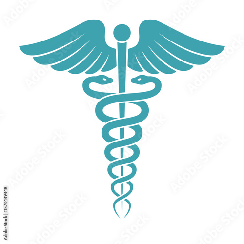 Minimalist light blue caduceus symbol on white background

