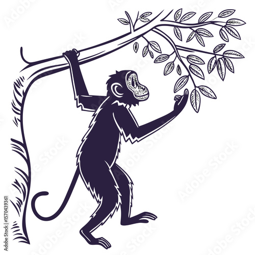 Monkey Silhouette Isolated Wild Animal on White Background