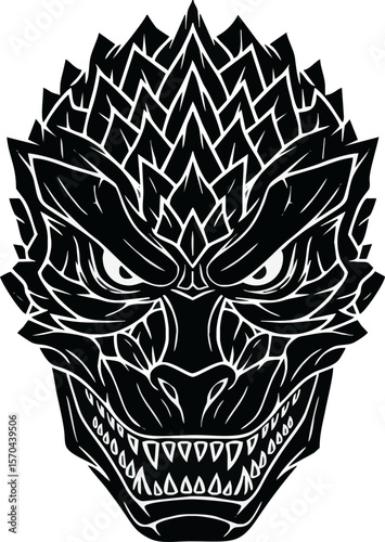 Stylized, symmetrical monster face with sharp teeth and scales, rendered in black and white.