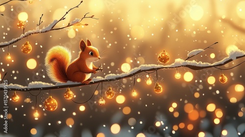 A festive scene of a squirrel sitting atop a branch of a Christmas tree, surrounded by golden New Year's decorations and glittering string lights, as snow gently falls.