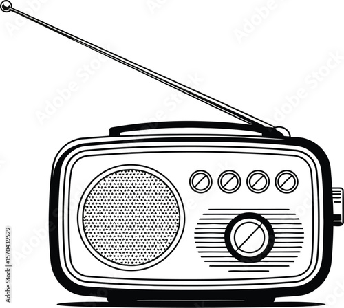 A black and white illustration of a vintage radio with an antenna and several control knobs on a white background