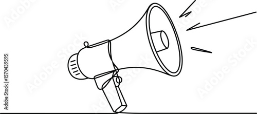 A single line drawing of a megaphone with sound waves emanating from the speaker on a white background