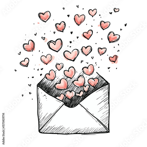 Hand-drawn doodle of an open envelope with little hearts flying out