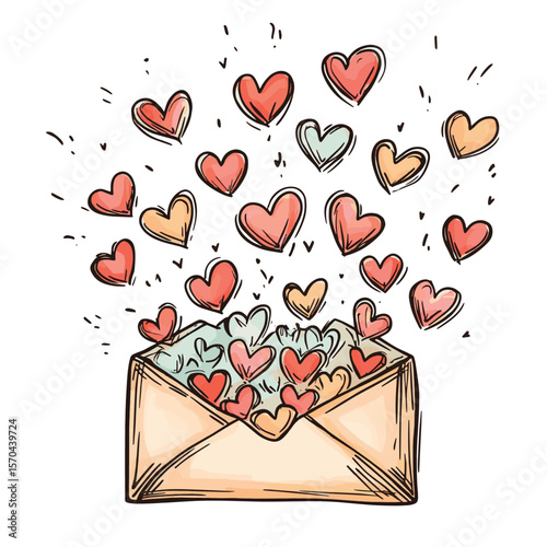 Hand-drawn doodle of an open envelope with little hearts flying out