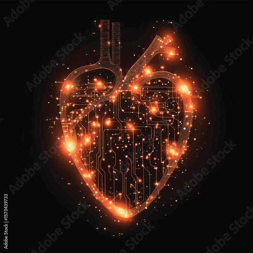 Electronic heart with a glowing microcircuit, love, technology, futuristic cardiology, vector style simple color