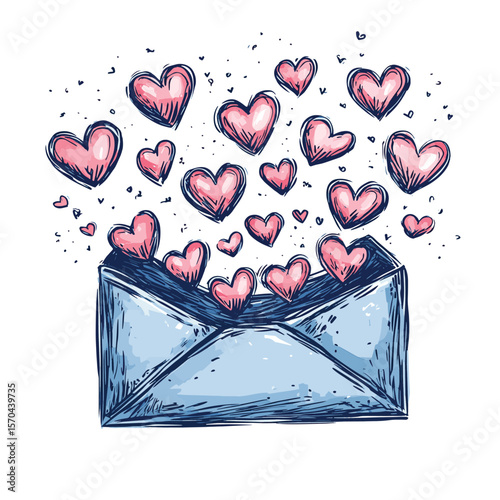 Hand-drawn doodle of an open envelope with little hearts flying out