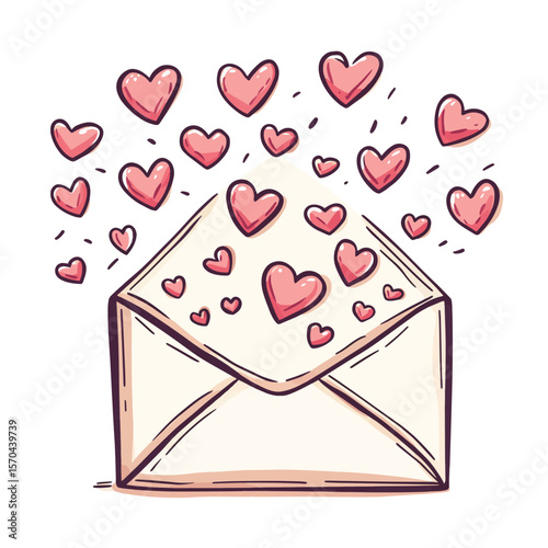 Hand-drawn doodle of an open envelope with little hearts flying out