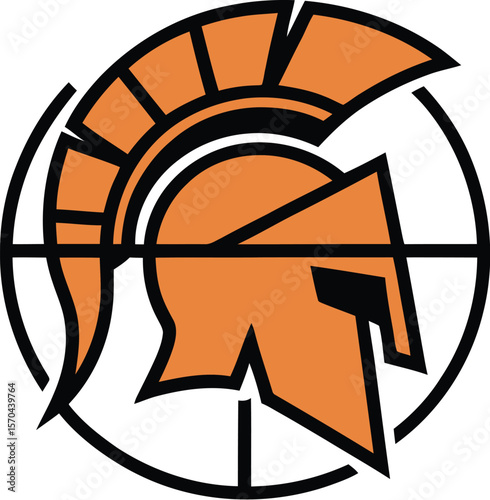A stylized logo featuring a spartan helmet inside of a target reticle on a light cream background