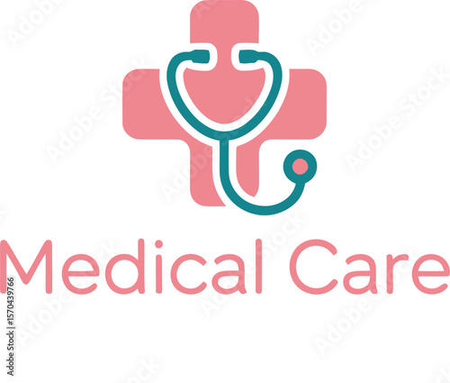 A medical logo featuring a pink cross with a stethoscope overlayed on top and medical care text below it