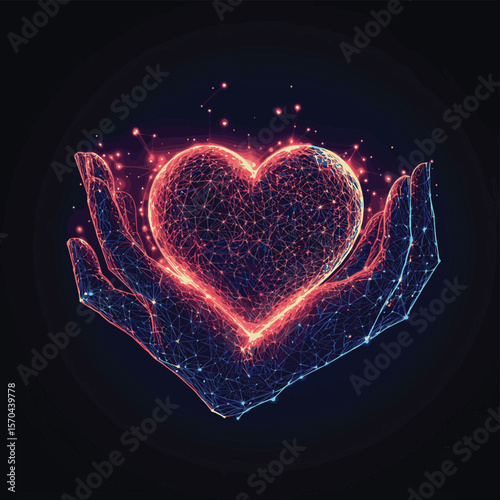 Hands holding Heart form lines, triangles and particle style design. Illustration vector, vector style simple color