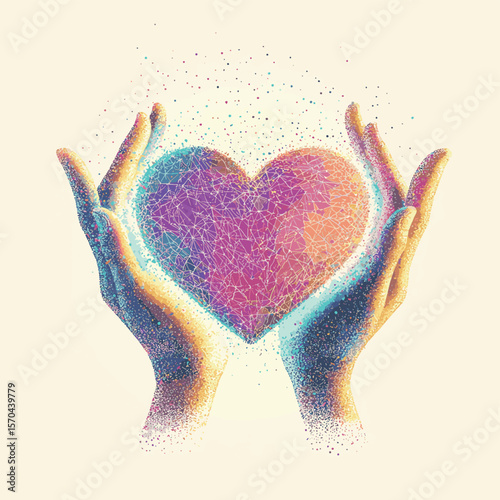 Hands holding Heart form lines, triangles and particle style design. Illustration vector, vector style simple color