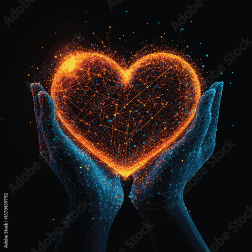 Hands holding Heart form lines, triangles and particle style design. Illustration vector, vector style simple color