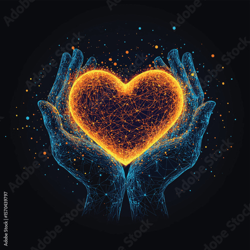 Hands holding Heart form lines, triangles and particle style design. Illustration vector, vector style simple color